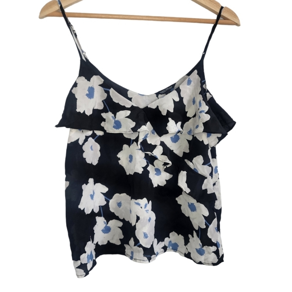 Lucky Brand Silk Top Black Floral Ruffles V Neck Tank Womens Size Small S